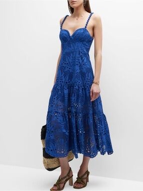 FARM Rio Deep Blue Palm Tree Richelieu Midi Navy Eyelet Dress